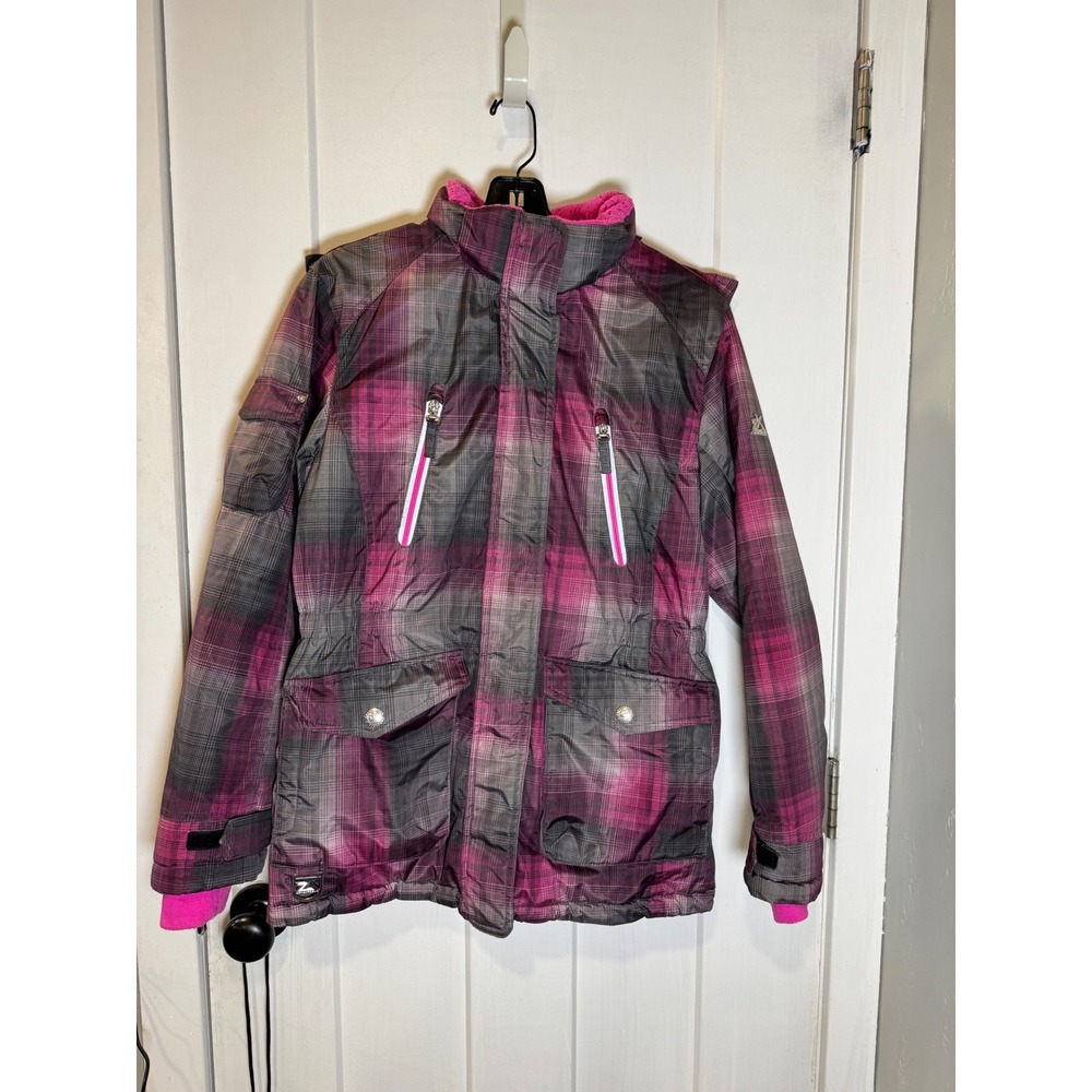 Zeroxposur Girls Pink Grey Plaid snow Ski Jacket Faux Fur Hood Detachable sz XL